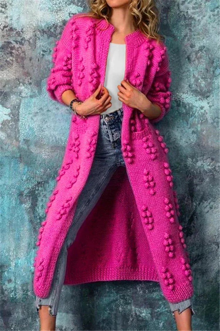 Women's Long Cardigan | Knit Pom Details Long Sleeve Open Front