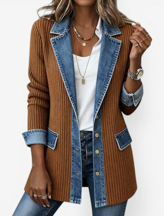 Women's Winter Jacket | Denim Collar Knit Blend Button Closure