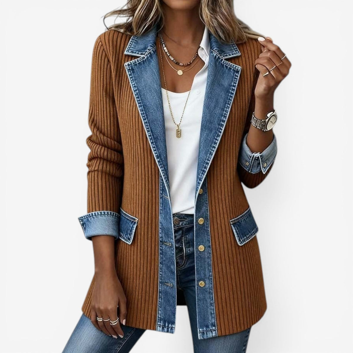 Women's Winter Jacket | Denim Collar Knit Blend Button Closure