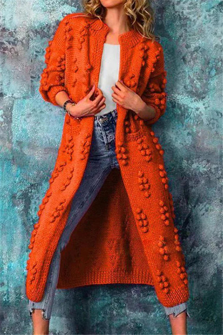 Women's Long Cardigan | Knit Pom Details Long Sleeve Open Front