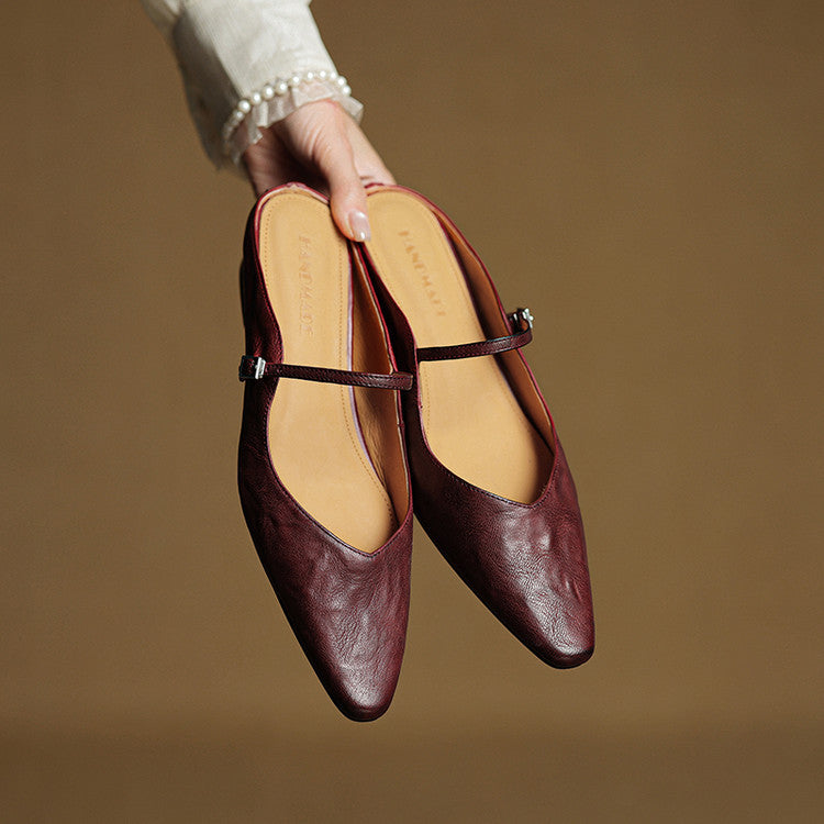 Women's Mules | Pointed Toe Mary Jane Strap Leather