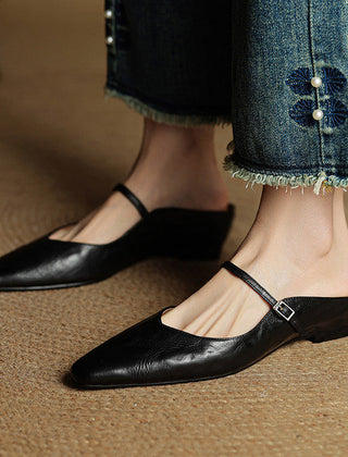 Women's Mules | Pointed Toe Mary Jane Strap Leather