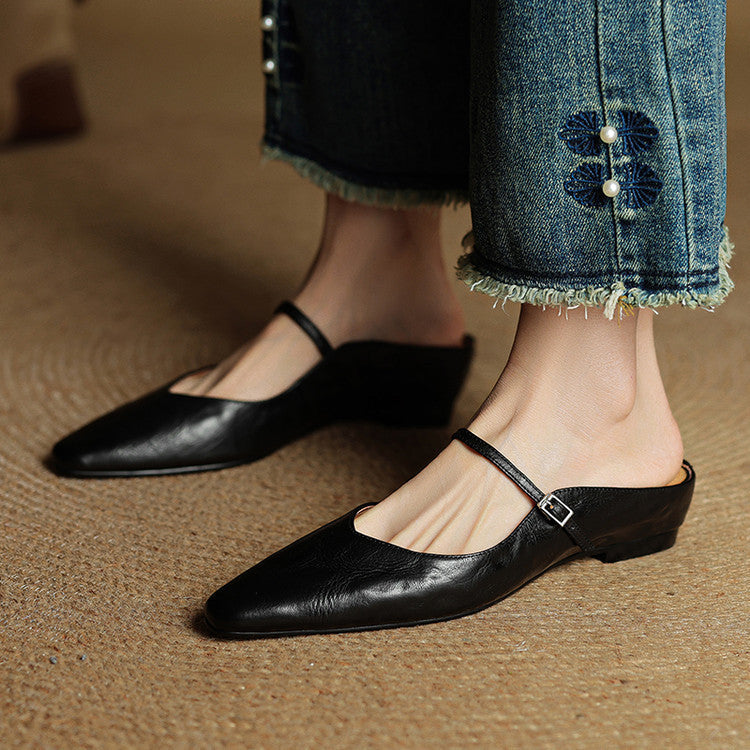 Women's Mules | Pointed Toe Mary Jane Strap Leather