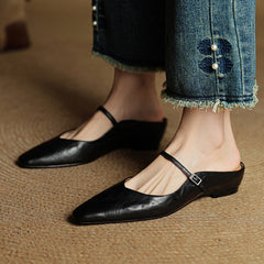 Women's Mules | Pointed Toe Mary Jane Strap Leather