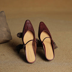 Women's Mules | Pointed Toe Mary Jane Strap Leather