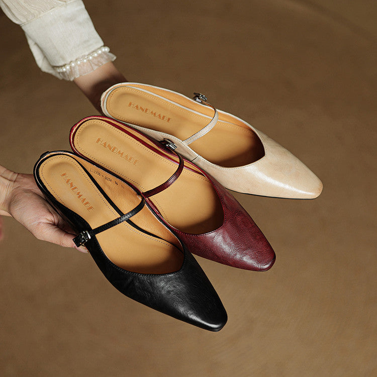 Women's Mules | Pointed Toe Mary Jane Strap Leather
