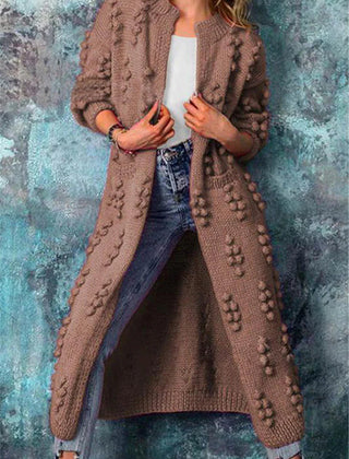 Women's Long Cardigan | Knit Pom Details Long Sleeve Open Front