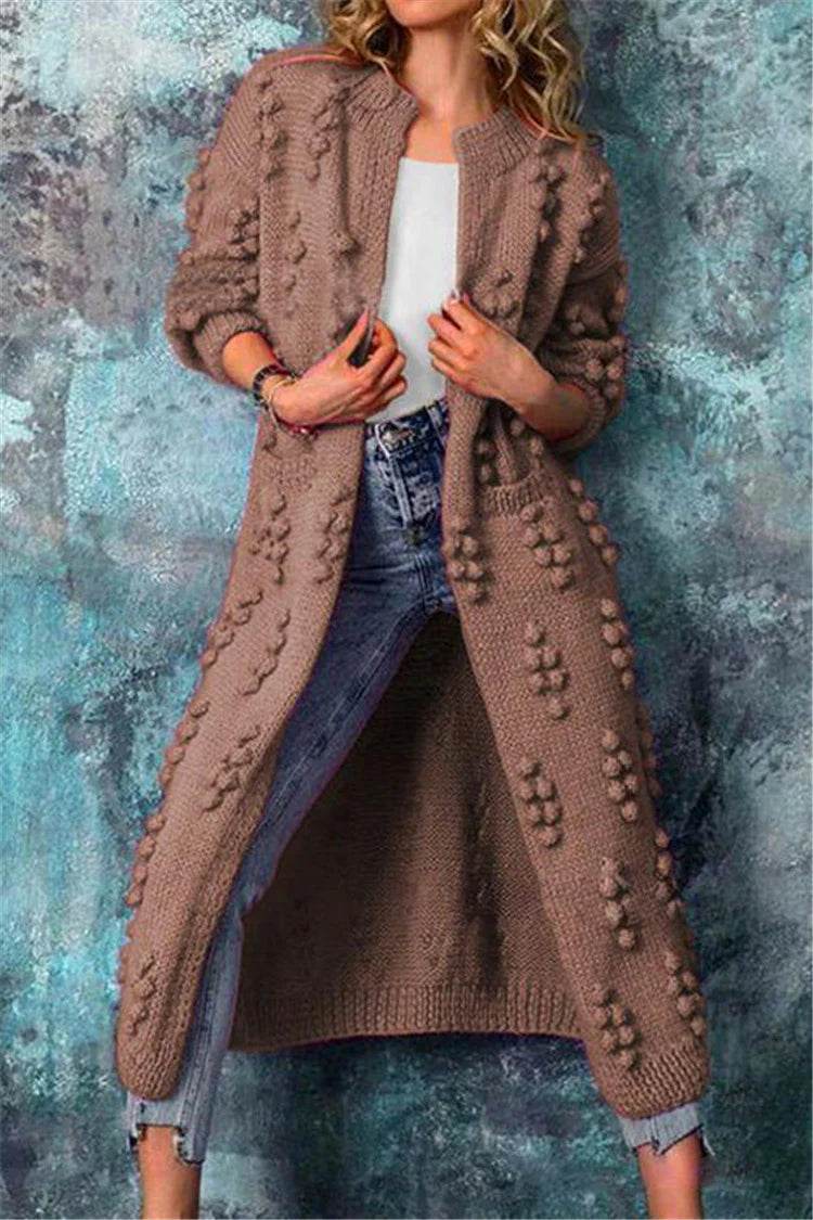 Women's Long Cardigan | Knit Pom Details Long Sleeve Open Front