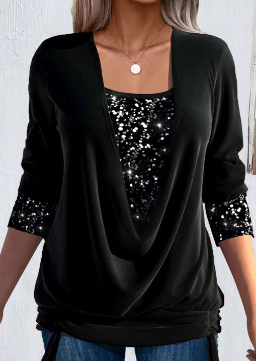 Women's Sequin Top | Cowl Neckline Three-Quarter Sleeve Knit