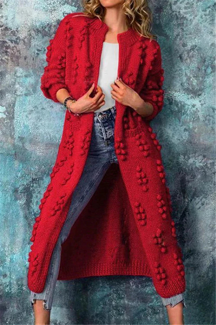 Women's Long Cardigan | Knit Pom Details Long Sleeve Open Front