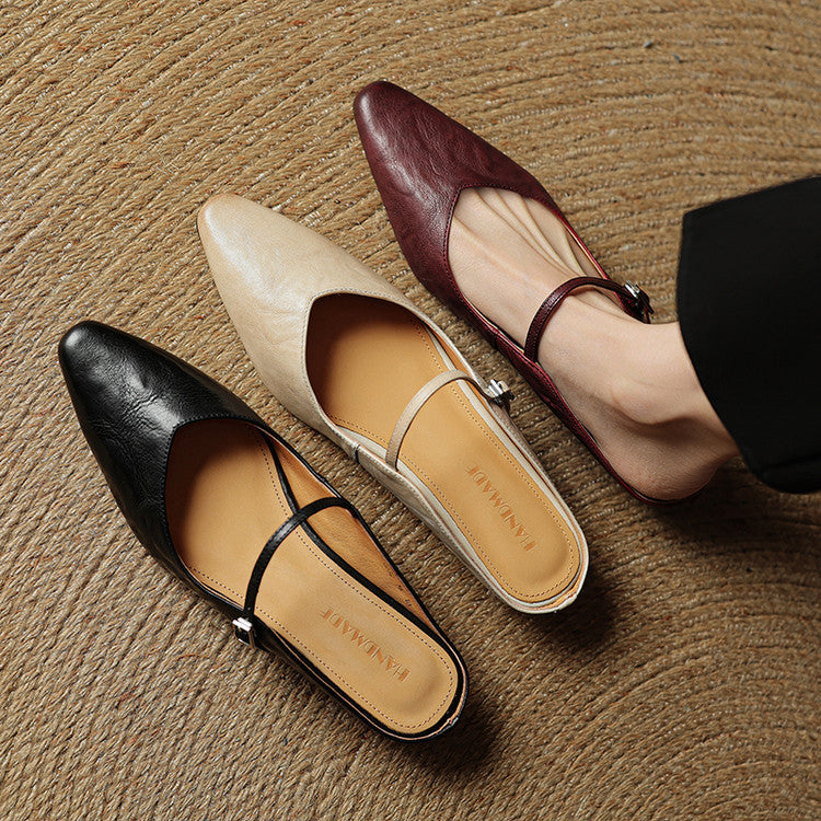 Women's Mules | Pointed Toe Mary Jane Strap Leather