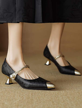 Women's Kitten Heels | Pointed Toe Metallic Satin Mary Jane