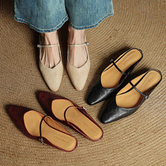 Women's Mules | Pointed Toe Mary Jane Strap Leather