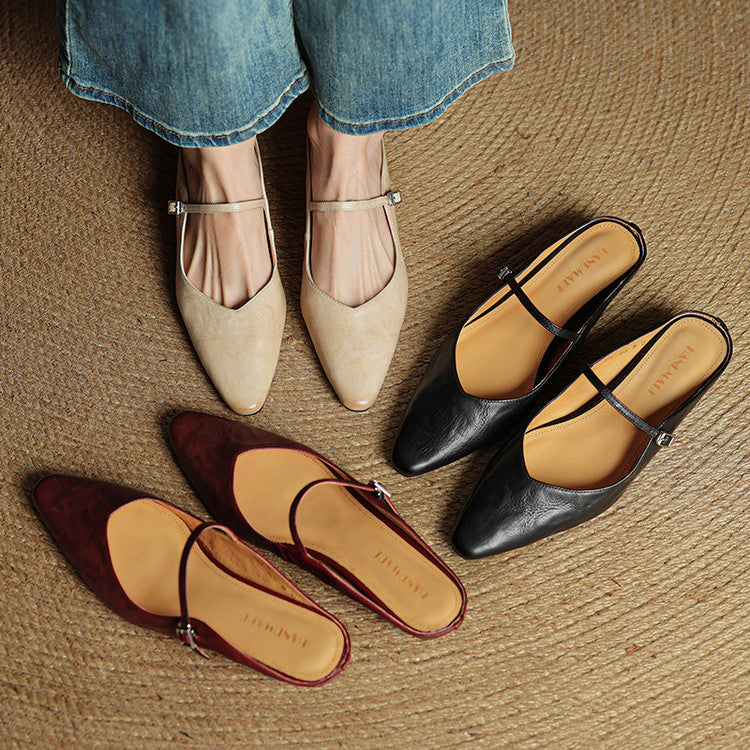 Women's Mules | Pointed Toe Mary Jane Strap Leather
