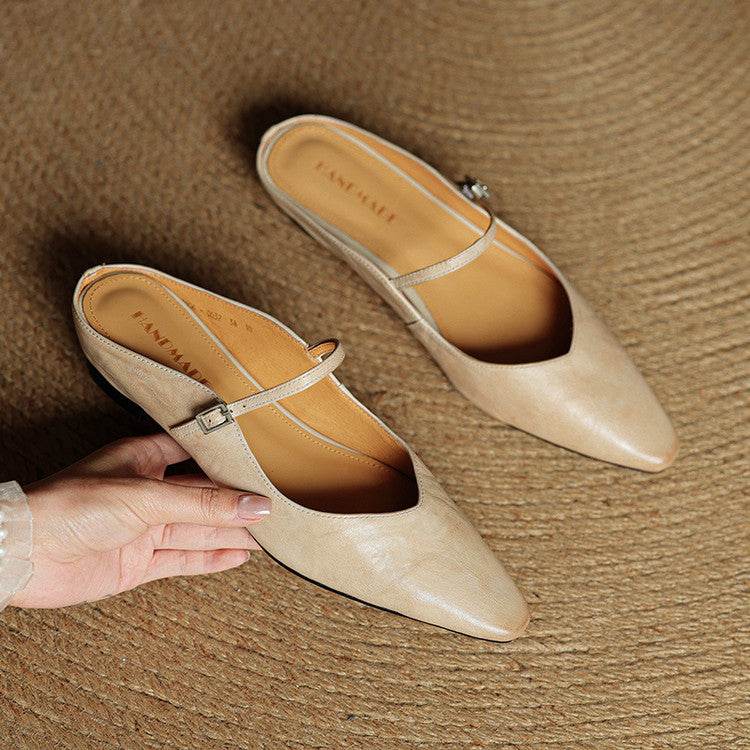 Women's Mules | Pointed Toe Mary Jane Strap Leather