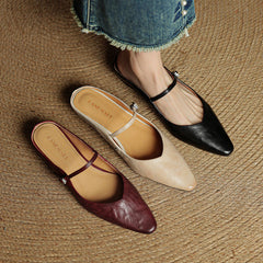 Women's Mules | Pointed Toe Mary Jane Strap Leather