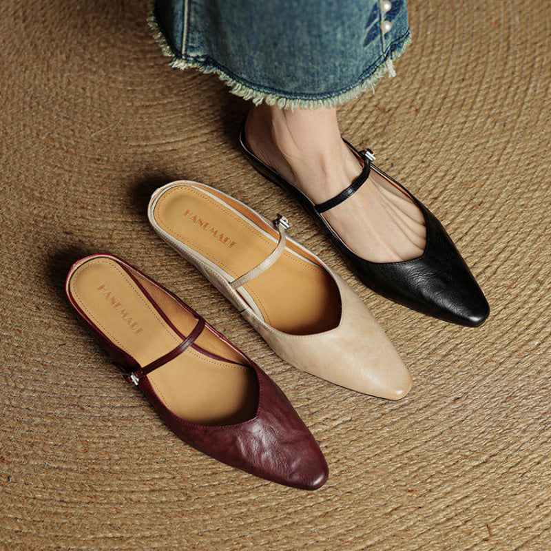 Women's Mules | Pointed Toe Mary Jane Strap Leather