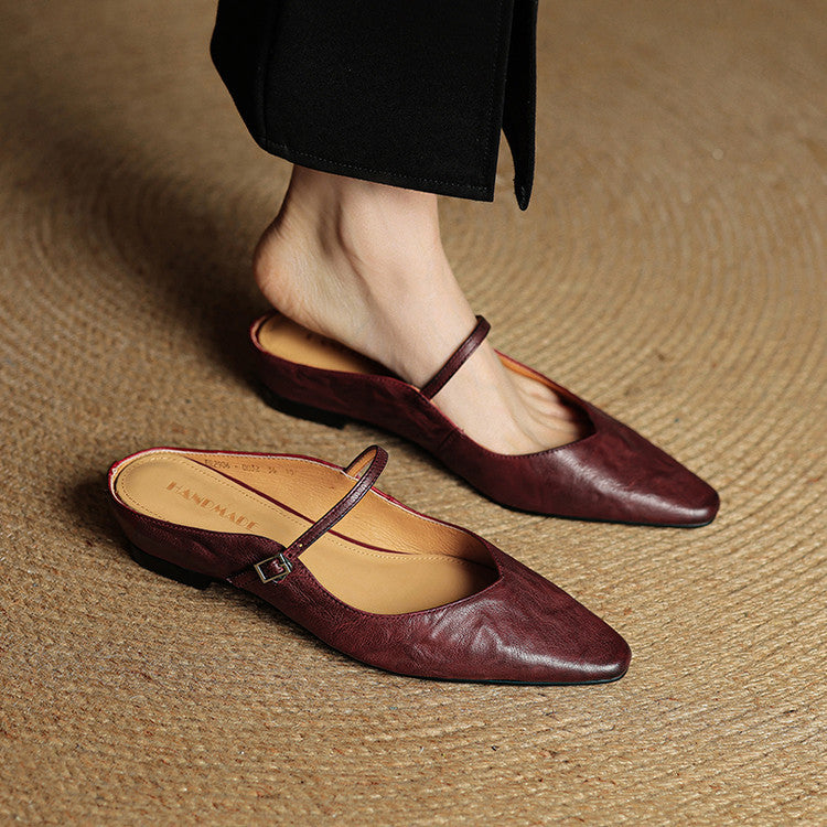 Women's Mules | Pointed Toe Mary Jane Strap Leather