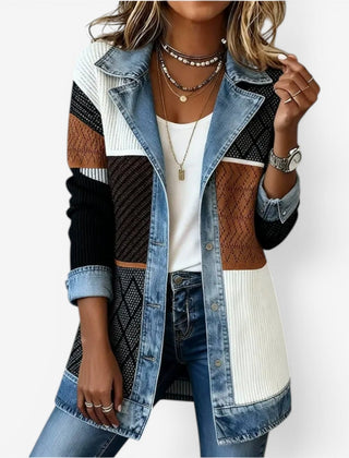 Women's Winter Jacket | Denim Collar Knit Blend Button Closure