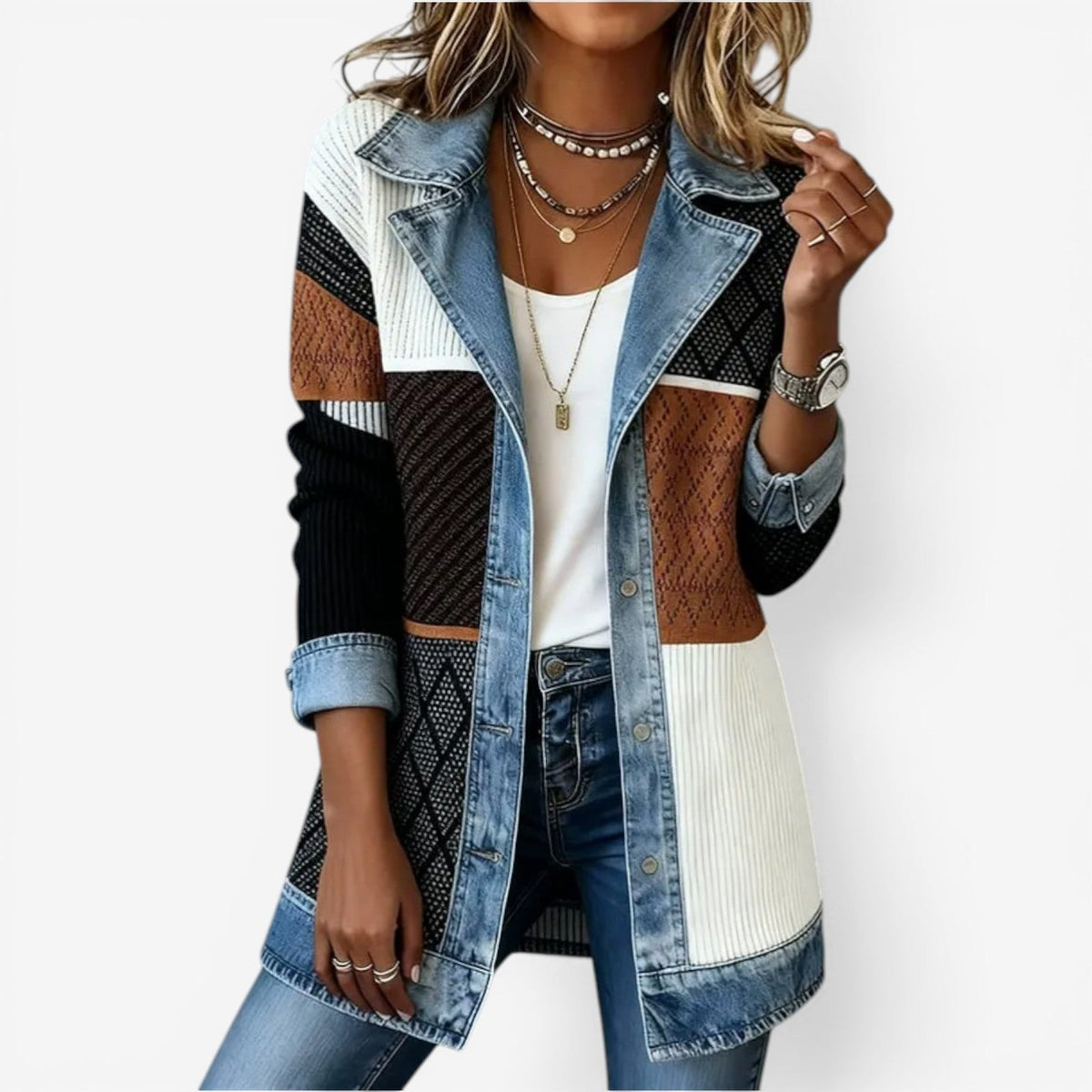 Women's Winter Jacket | Denim Collar Knit Blend Button Closure