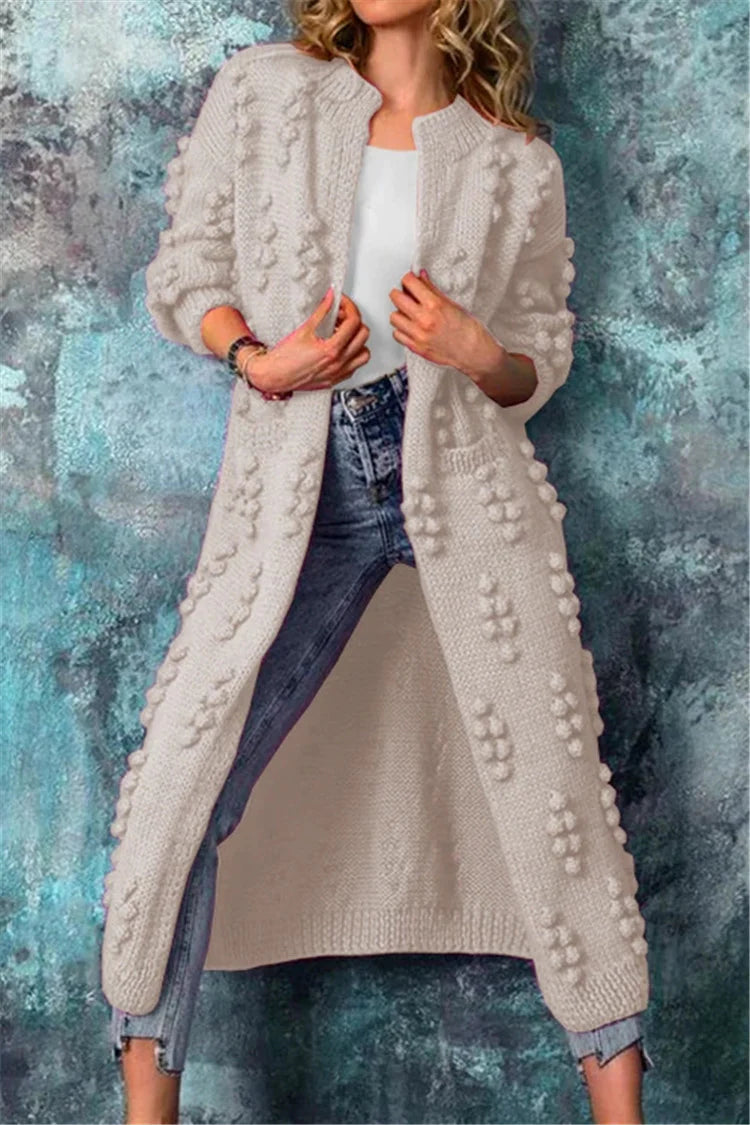 Women's Long Cardigan | Knit Pom Details Long Sleeve Open Front