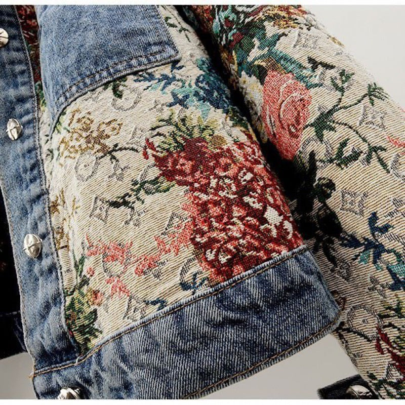 Women's Denim Jacket | Floral Print Collared Button Closure