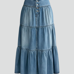 Women's Denim Skirt | Maxi Length Button Front Tiered