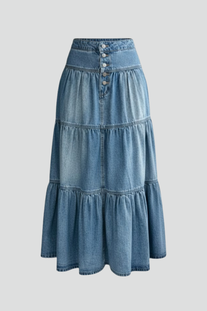 Women's Denim Skirt | Maxi Length Button Front Tiered