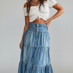 Women's Denim Skirt | Maxi Length Button Front Tiered