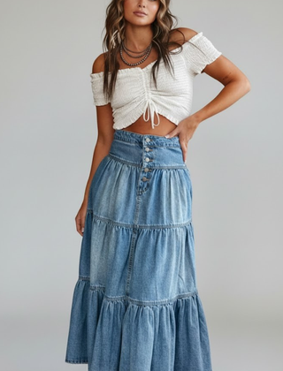 Women's Denim Skirt | Maxi Length Button Front Tiered
