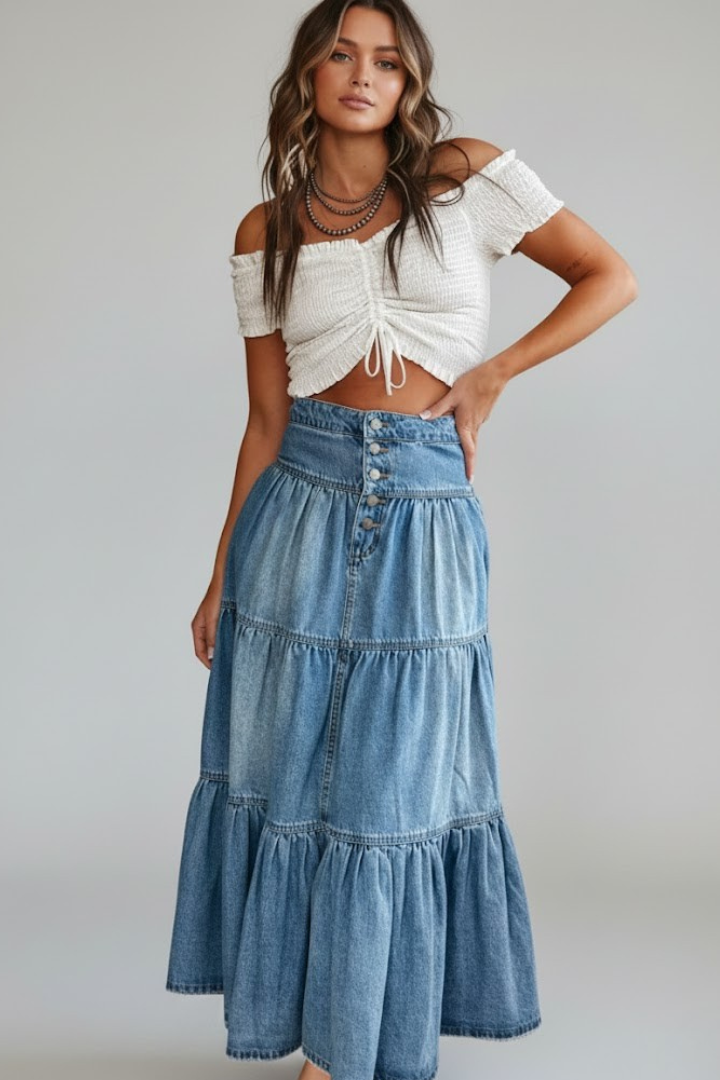 Women's Denim Skirt | Maxi Length High-Waist Tiered Denim