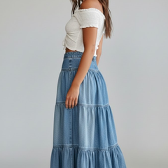 Women's Denim Skirt | Maxi Length Button Front Tiered
