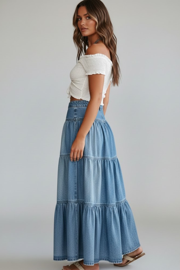 Women's Denim Skirt | Maxi Length Button Front Tiered