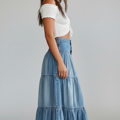 Women's Denim Skirt | Maxi Length Button Front Tiered