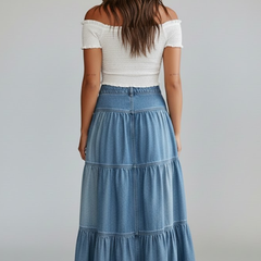 Women's Denim Skirt | Maxi Length Button Front Tiered