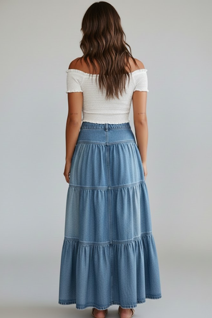 Women's Denim Skirt | Maxi Length Button Front Tiered