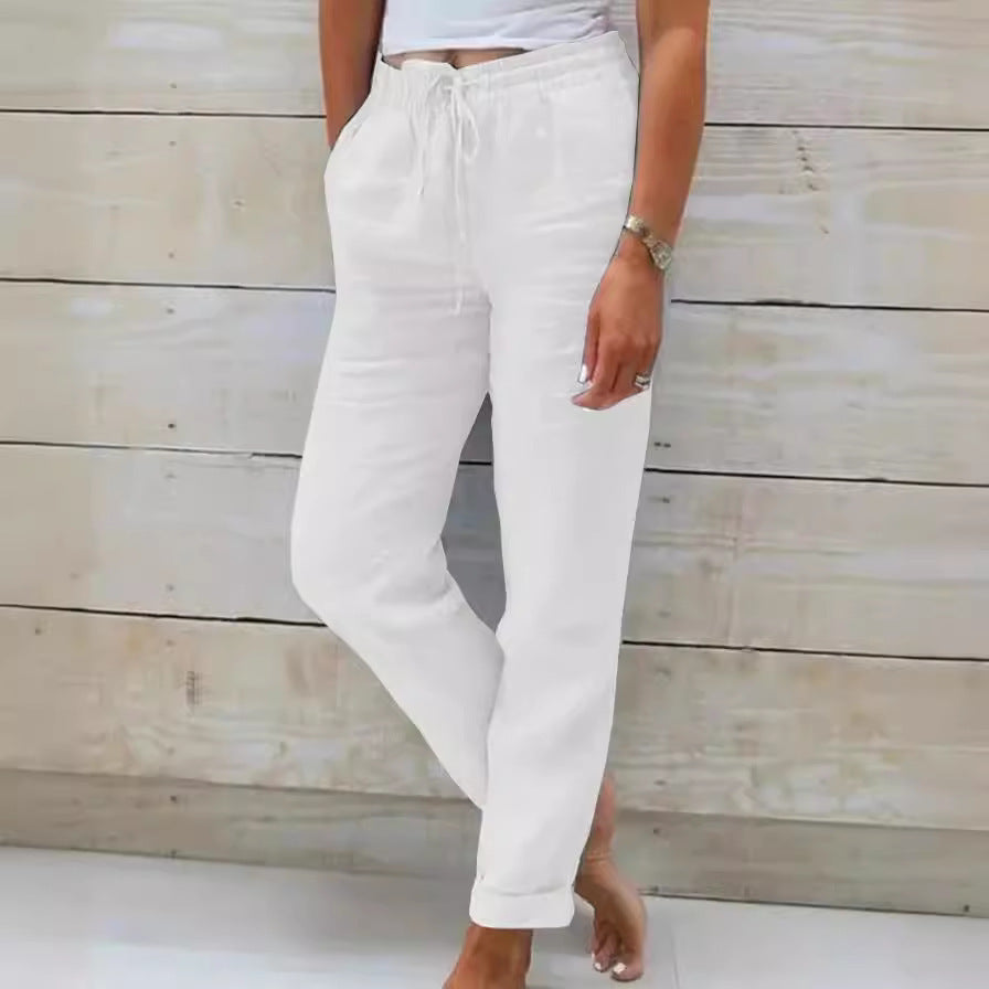 Women's Linen Pants | Drawstring Waist Relaxed Straight Leg Cuffed