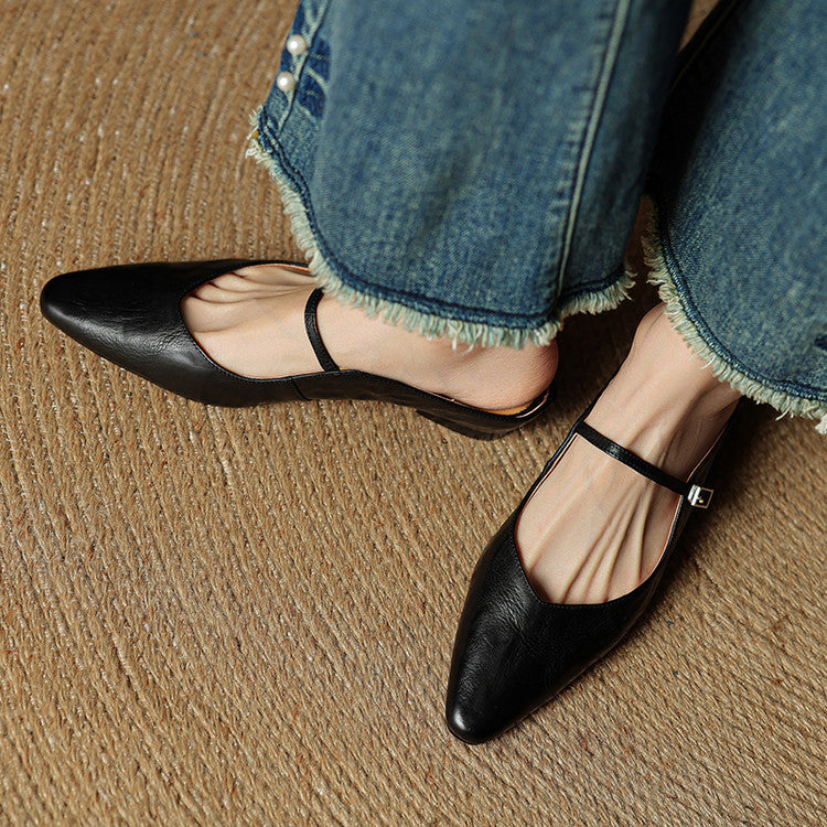 Women's Mules | Pointed Toe Mary Jane Strap Leather