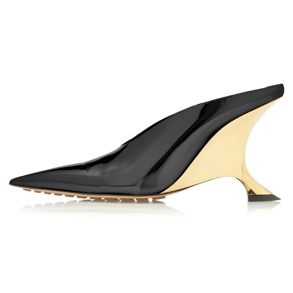 Elegant metallic pointed toe wedge mules for women, ideal as party shoes or sophisticated evening footwear.