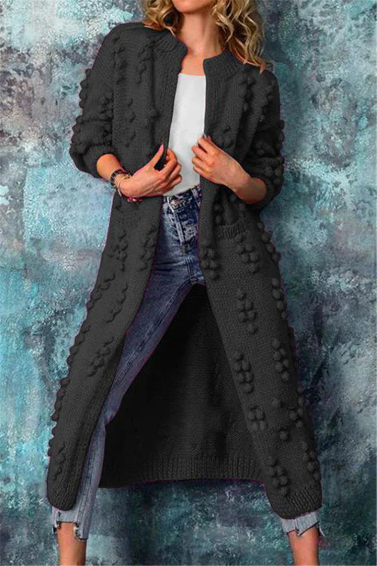 Women's Long Cardigan | Knit Pom Details Long Sleeve Open Front
