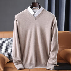Cozy women's V-neck pullover sweater with a soft knit texture. Long-sleeve versatile top for winter fashion.