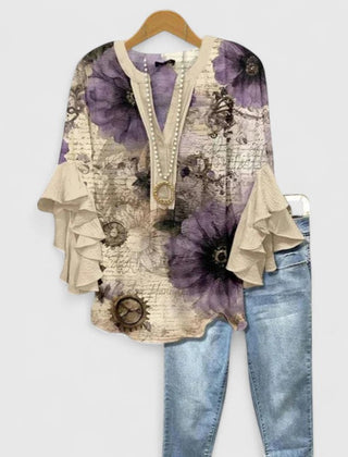 Women's Blouse | Ruffle Sleeve Floral Print V-Neck