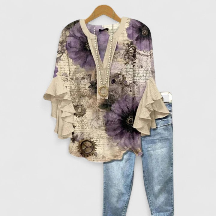 Women's Blouse | Ruffle Sleeve Floral Print V-Neck
