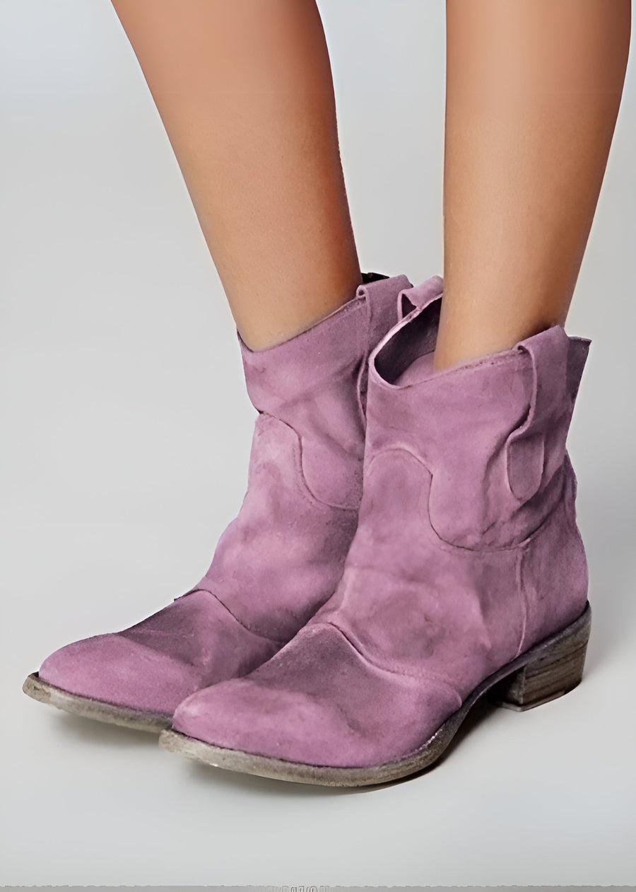 Women's Suede Ankle Boots | Cowboy Toe Chunky Heel Pull-On Closure