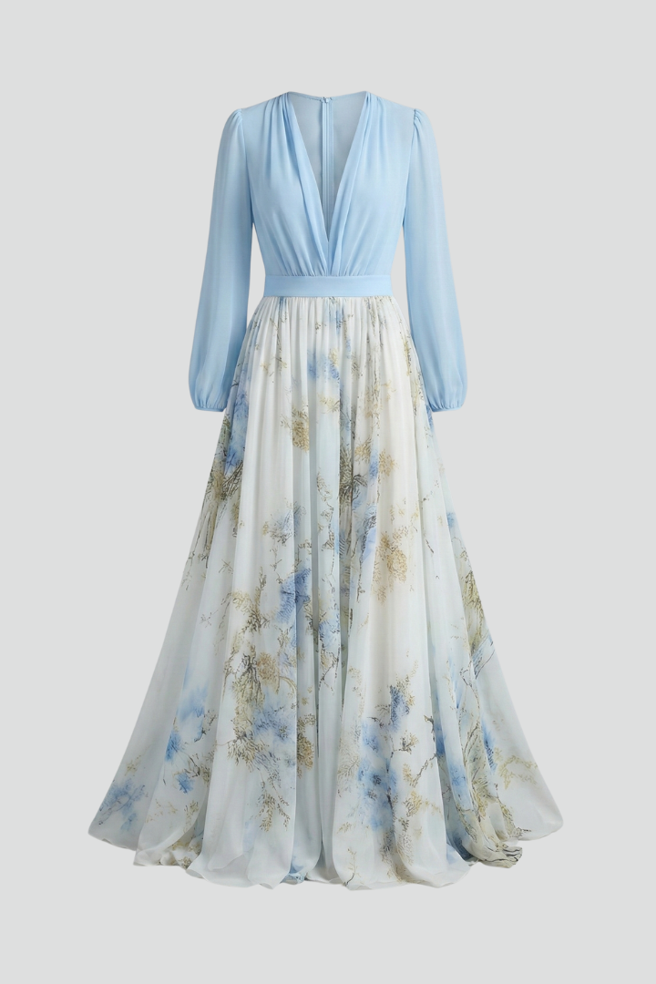 Women's Bodycon Dress | V-Neckline Maxi Sheer Sleeves Floral Print