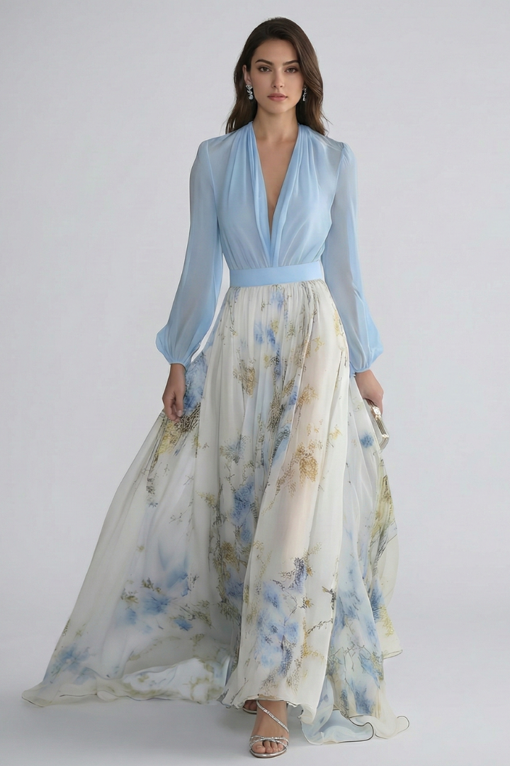 Women's Bodycon Dress | V-Neckline Maxi Sheer Sleeves Floral Print