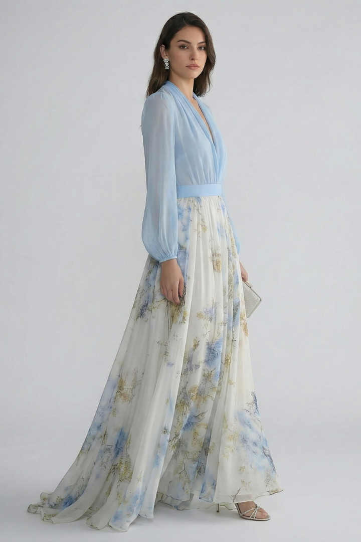 Women's Bodycon Dress | V-Neckline Maxi Sheer Sleeves Floral Print