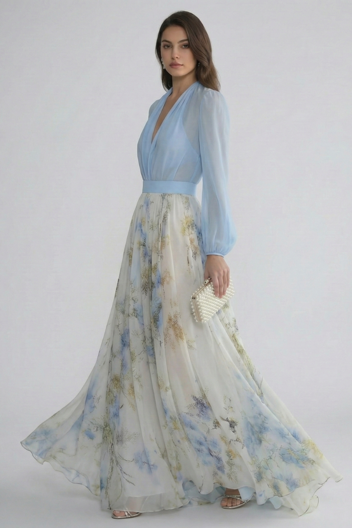 Women's Bodycon Dress | V-Neckline Maxi Sheer Sleeves Floral Print