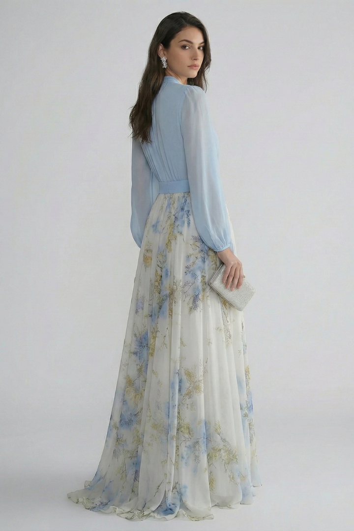 Women's Bodycon Dress | V-Neckline Maxi Sheer Sleeves Floral Print
