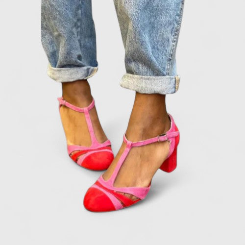 Women's Heels | T-Strap Chunky Heel Closed Toe Buckle